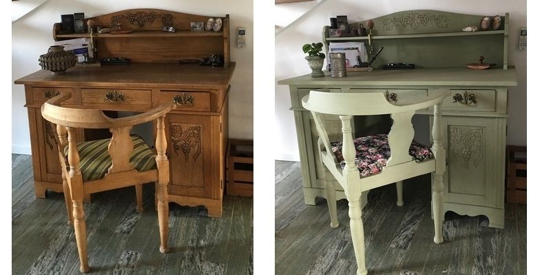 Skrivebord før og efter billede malet med kalkmaling