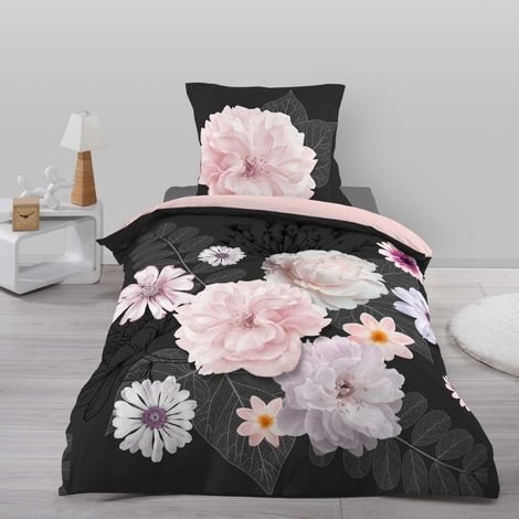 140x200 sort sengetøj med blomster - Køb her