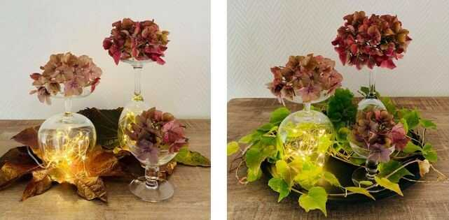 Efterårs borddækning med glas, lyskæder og hortensia hoveder som pynt Efterårs borddækning med glas, lyskæder og hortensia hoveder som pynt - Fit 1200x1200